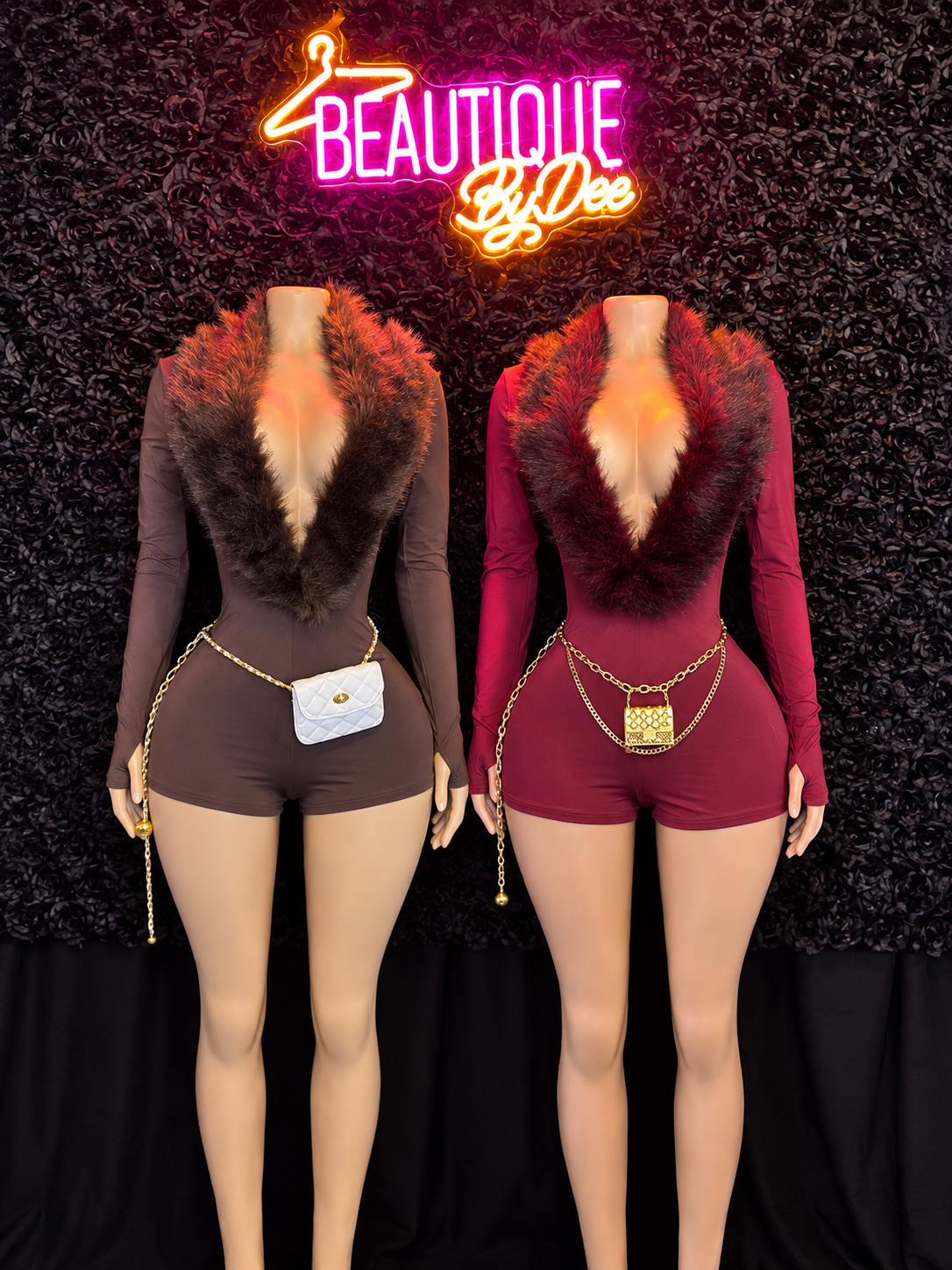 Fur V neck Romper